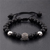 Round Natural Black Onyx(Dyed & Heated) & Brass Pave Cubic Zirconia Braided Bead Bracelets for Women Men QX9034-3-1