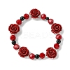 Synthetic Coral Rose Flower & Opaque Glass Beads & ABS Plastic Imitation Pearl Beaded Stretch Bracelets for Women BJEW-JB10748-1