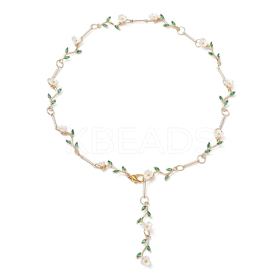 Brass Micro Pave Green Cubic Zirconia & Imitation Pearl Flower Branch Link Chain Necklaces for Women NJEW-JN05309-1