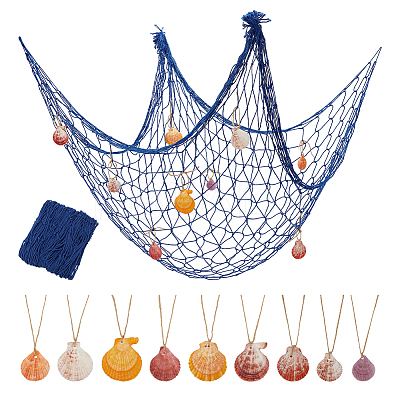 Cotton Fishing Net Decorative with Natural Shell & Jute Cord Pendant HJEW-WH0069-39-1