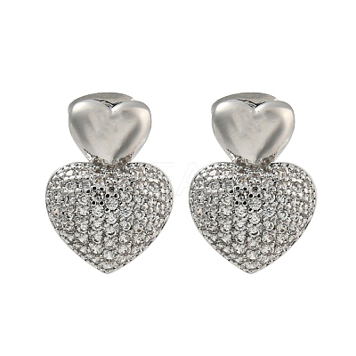 Heart Brass Pave Clear Cubic Zirconia Stud Earrings for Women EJEW-N054-44P-1
