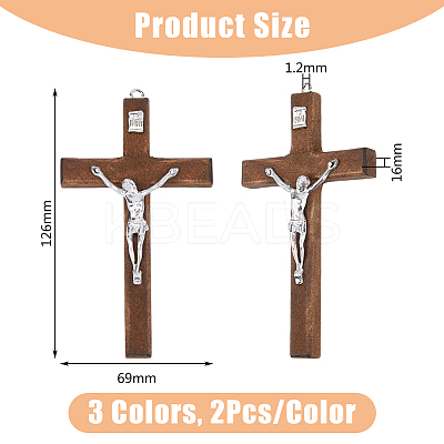 6Pcs 3 Colors Religion Cross Wood Big Pendants WOOD-DC0001-18-1