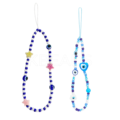 2Pcs 2 Style Evil Eye Glass Beaded Phone Lanyard AJEW-OC0004-10-1