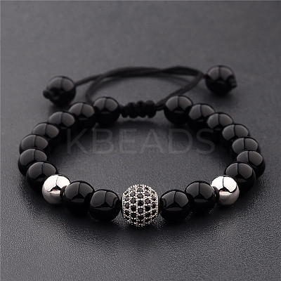Round Natural Black Onyx(Dyed & Heated) & Brass Pave Cubic Zirconia Braided Bead Bracelets for Women Men QX9034-3-1