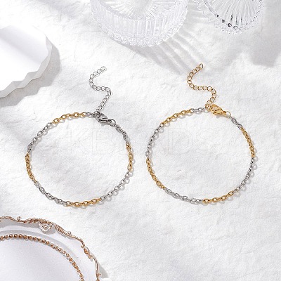 2Pcs 2 Colors Two Tone 304 Stainless Steel Textured Cable Chain Anklets AJEW-AN00681-1