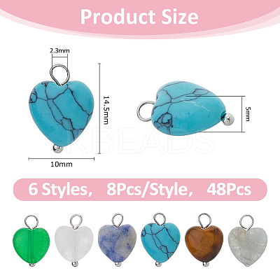 48Pcs 6 Styles Natural Rose Quartz & Blue Spot Jasper & Amethyst & Tiger Eye & Fluorite & Malaysia Jade Heart Charms with Platinum Tone Brass Loops PALLOY-DC00014-1