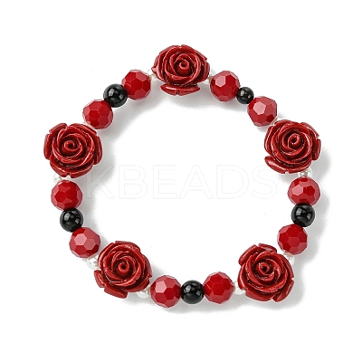 Synthetic Coral Rose Flower & Opaque Glass Beads & ABS Plastic Imitation Pearl Beaded Stretch Bracelets for Women BJEW-JB10748-1