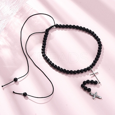 Adjustable Stainless Steel Double Cross Pendant Necklaces NJEW-F336-02P-1
