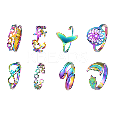 8Pcs 8 Style Heart & Infinity & Whale Tail & Snake 304 & 201 Stainless Steel Cuff Rings Set for Women RJEW-FS0001-04-1
