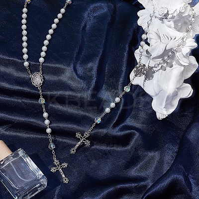 2Pcs White Round Glass Pearl Rosary Bead Necklaces NJEW-GO0001-13-1