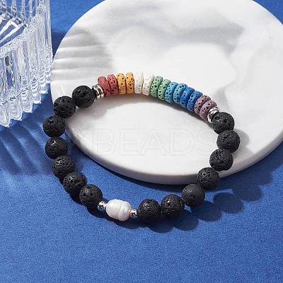 Dyed Natural Lava Rock & Pearl Beaded Strtch Bracelet BJEW-JB10053-01-1