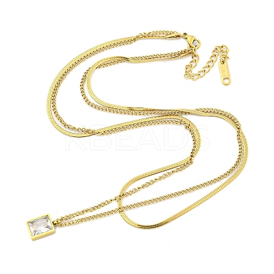 Ion Plating(IP) 304 Stainless Steel Pave Clear Cubic Zirconia Column Double Layer Rectangle Pendant Necklaces NJEW-S426-03G-1