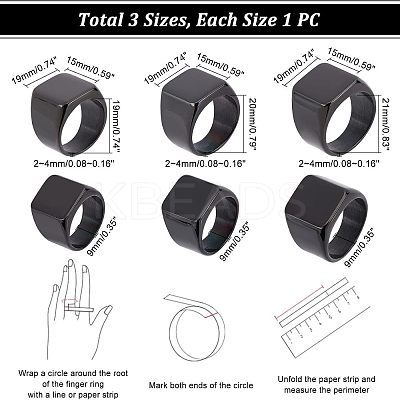 3Pcs 3 Size 304 Stainless Steel Rectangle Signet Finger Rings RJEW-UN0001-26B-1