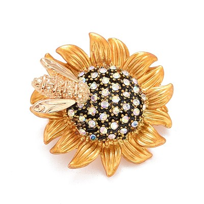 Sunflower and Bee Crystal Rhinestone Badge JEWB-E013-01G-1