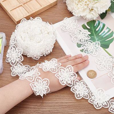 Organza Lace Trim with Resin Imitation Pearl Beads OCOR-WH0085-53B-1