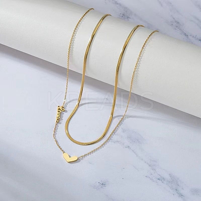 201 Stainless Steel Love Heart Pendant Double Layer Necklaces for Women NJEW-D307-03G-1
