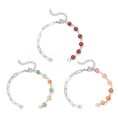 3Pcs 3 Styles Round Dyed Natural Red Agate & Peacock Green Agate & Carnelian & Brass Paperclip Chain Bracelet Making AJEW-JB01425-1