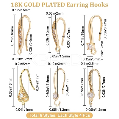 24Pcs 6 Style Brass Micro Pave Clear Cubic Zirconia Earring Hooks KK-BBC0002-11-1