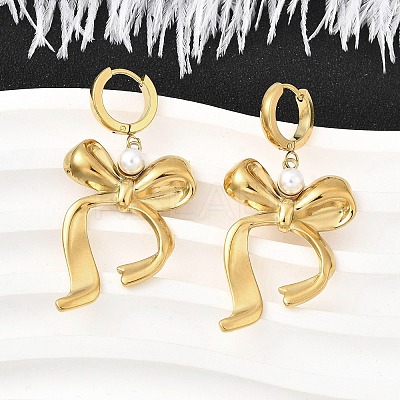 Bowknot 304 Stainless Steel Plstic Imitation Pearl Hoop Earrings for Women EJEW-U068-03G-1