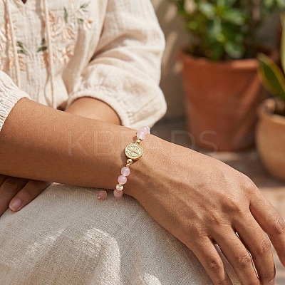 Metal Medals & Natural Rose Quartz Beaded Adjustable Bracelets YO1072-1
