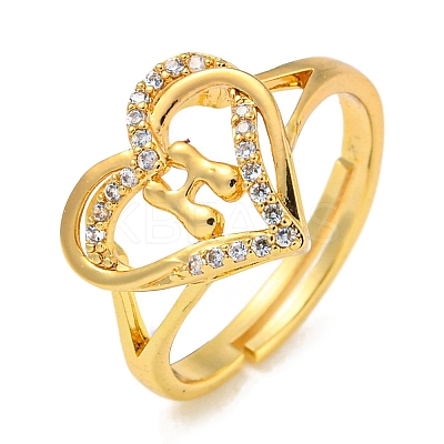 Heart with Letter Rack Plating Brass Micro Pave Clear Cubic Zirconia Adjustable Rings for Women RJEW-I105-01G-H-1