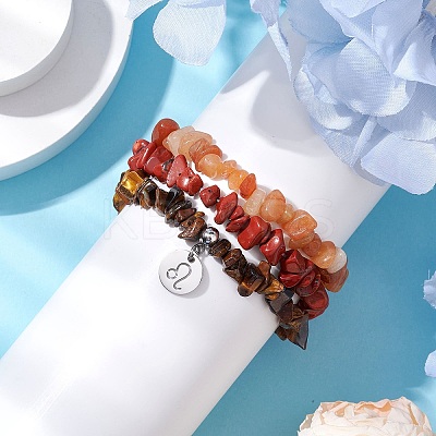 3Pcs 3 Styles Natural Red Aventurine & Red Jasper & Tiger Eye Chips Stretch Bracelets Sets BJEW-JB11076-07-1
