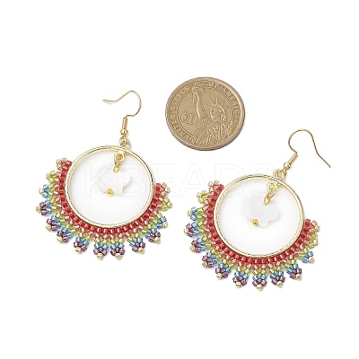 Butterfly & Ring Freshwater Shell & Glass Seed Beads Dangle Earrings EJEW-MZ00163-1