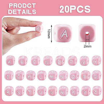 20Pcs Pink Cube Letter Silicone Beads 12x12x12mm Square Dice Alphabet Beads with 2mm Hole Spacer Loose Letter Beads for Bracelet Necklace Jewelry Making JX435F-1