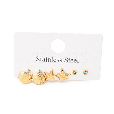 3 Pairs Ocean Series 304 Stainless Steel Starfish & Shell Shape Stud Earrings EJEW-K268-92G-1