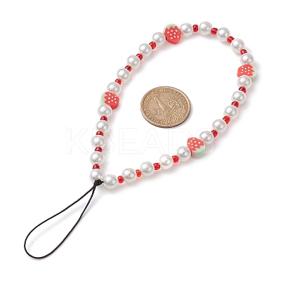 3Pcs Fruits Polymer Clay & Imitated Pearl & Glass Beaded Mobile Straps HJEW-JM01641-1