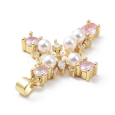 Brass Pave Cubic Zirconia with ABS Plastic Imitation Pearl Pendants KK-G467-01G-1
