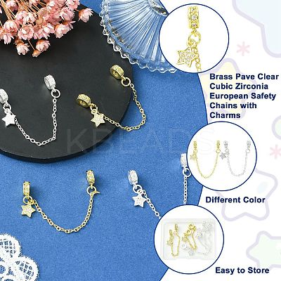 4Pcs 2 Colors Brass Pave Clear Cubic Zirconia European Safety Chains with Charms KK-CJ0003-86-1