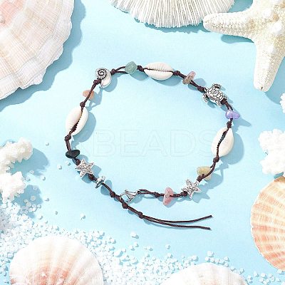Beach Starfish Turtle Natural & Synthetic Mixed Stone & Natural Cowrie Shell Beaded Anklets AJEW-AN00687-02-1