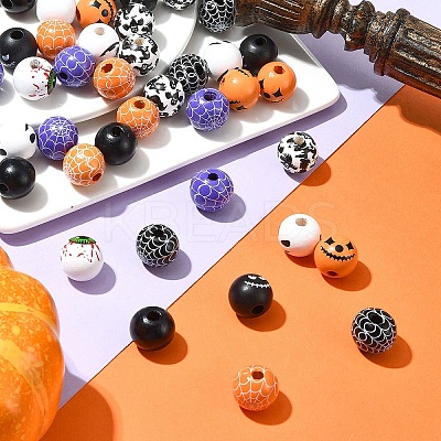 45Pcs 9 Colors Printed Round Wood European Beads WOOD-FS0001-21-1