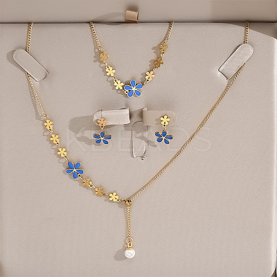 Flower Stainless Steel & Plastic Pearl Pendant Slider Necklace & Stud Dangle Earring & Link Bracelet FS-WG91D37-01-1