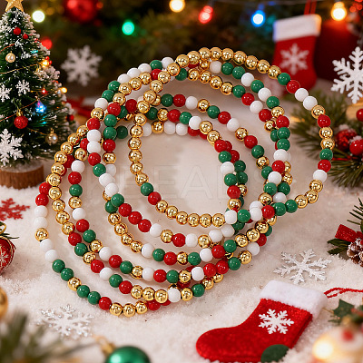 6Pcs Christmas Round Glass & Brass Beaded Stretch Bracelet Sets HE1918-1-1