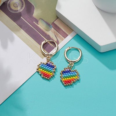 Rainbow Color Japanese Seed Braided Heart Dangle Hoop Earrings EJEW-MZ00004-1
