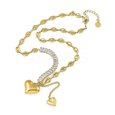 304 Stainless Steel Pave Clear Cubic Zirconia Heart Tassel Cable Chain Necklaces for Women NJEW-Z051-01G-1