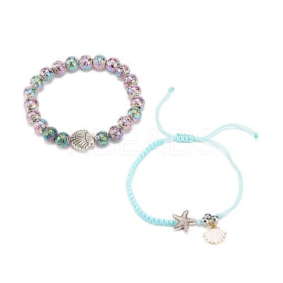 2Pcs 2 Style Natural Lava Rock & Synthetic Hematite Stretch Bracelets Set with Alloy Shell BJEW-JB08028-1