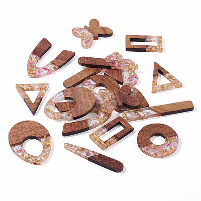 18Pcs 9 Styles Transparent Resin & Walnut Wood Pendants RESI-TA0003-35-1