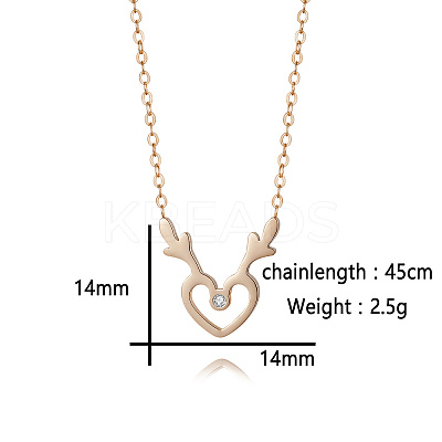 Deer Antler Heart 304 Stainless Steel Rhinestone Pendant Necklaces DZ8057-1