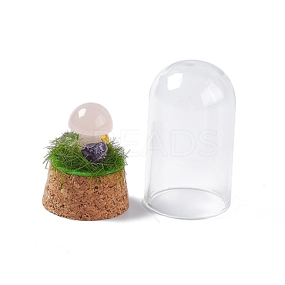 Natural Rose Quartz Mushroom Display Decoration with Glass Dome Cloche Cover G-E588-03J-1