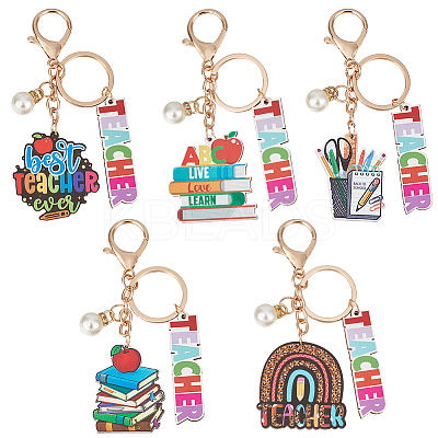 5Pcs 5 Colors Teachers' Day Wooden Keychains AJEW-SP0001-41B-1