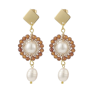 4 Pair 4 Style Natural Mixed Gemstone & Shell Pearl Beaded Flower Dangle Stud Earrings EJEW-JE05076-1
