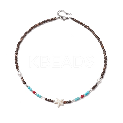Summer Beach Synthetic Turquoise & Natural Coconut Beaded Neklaces NJEW-JN05208-01-1