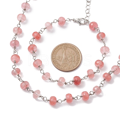 Rondelle Cherry Quartz Glass Links Bracelets & Necklaces Sets SJEW-JS01295-01-1