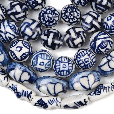 Handmade Blue and White Porcelain Ceramic Beads Strands PORC-L018-03-1