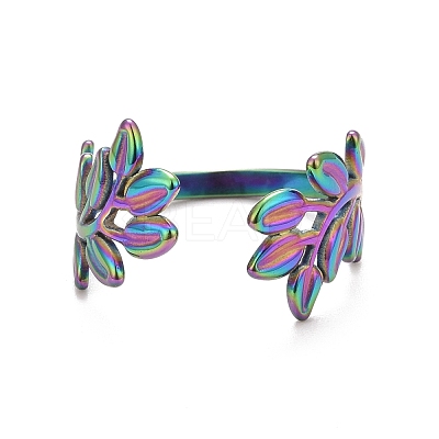 Ion Plating(IP) Rainbow Color 304 Stainless Steel Leaf Open Cuff Ring for Women RJEW-C025-09M-1