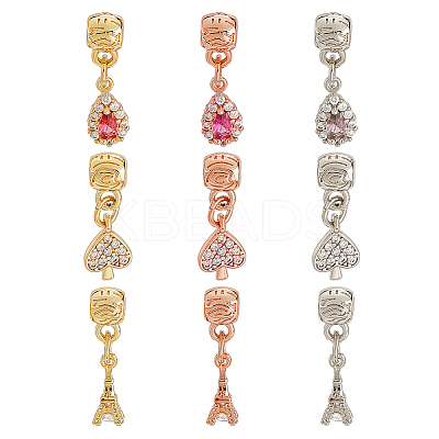 9Pcs 9 Style Rack Plating Brass Micro Pave Clear Cubic Zirconia Pendants ZIRC-OC0001-03-1