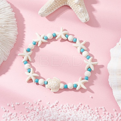 Starfish & Turtle Synthetic Turquoise Beads Stretch Bracelets for Women BJEW-JB12129-03-1